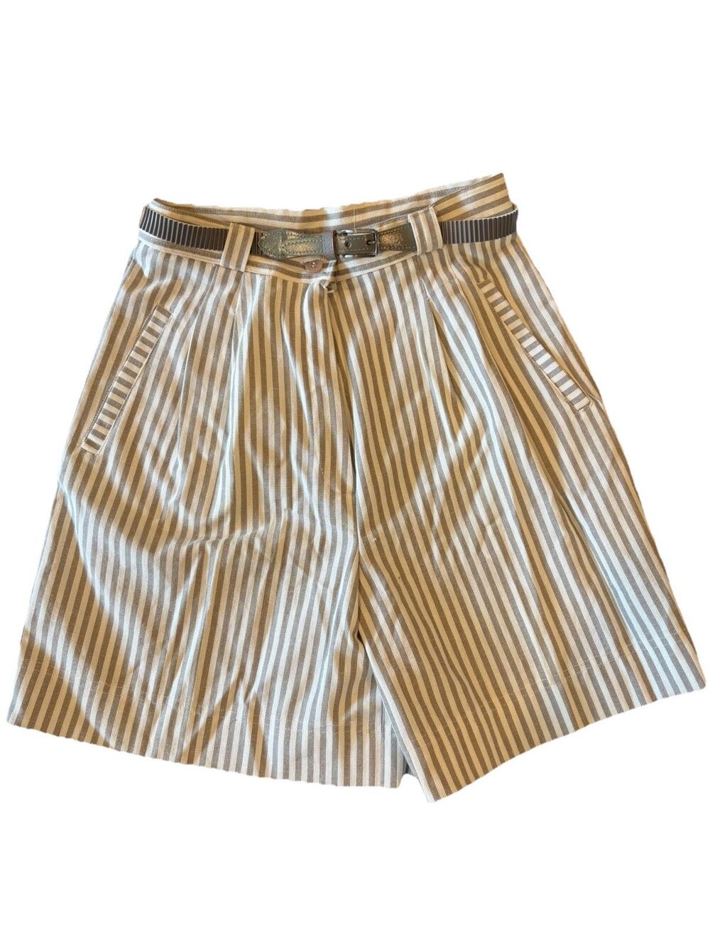 Vintage 90s Chaus Brown And Cream Cotton High Waisted Belted Shorts